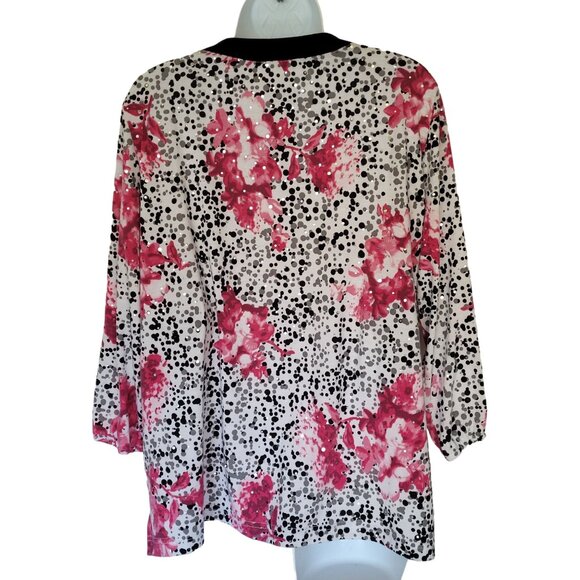 Studded V Neck Top Blouse XL 3/4 Sleeve Clear Sequins Pink Black Boho Artsy - Picture 4 of 6